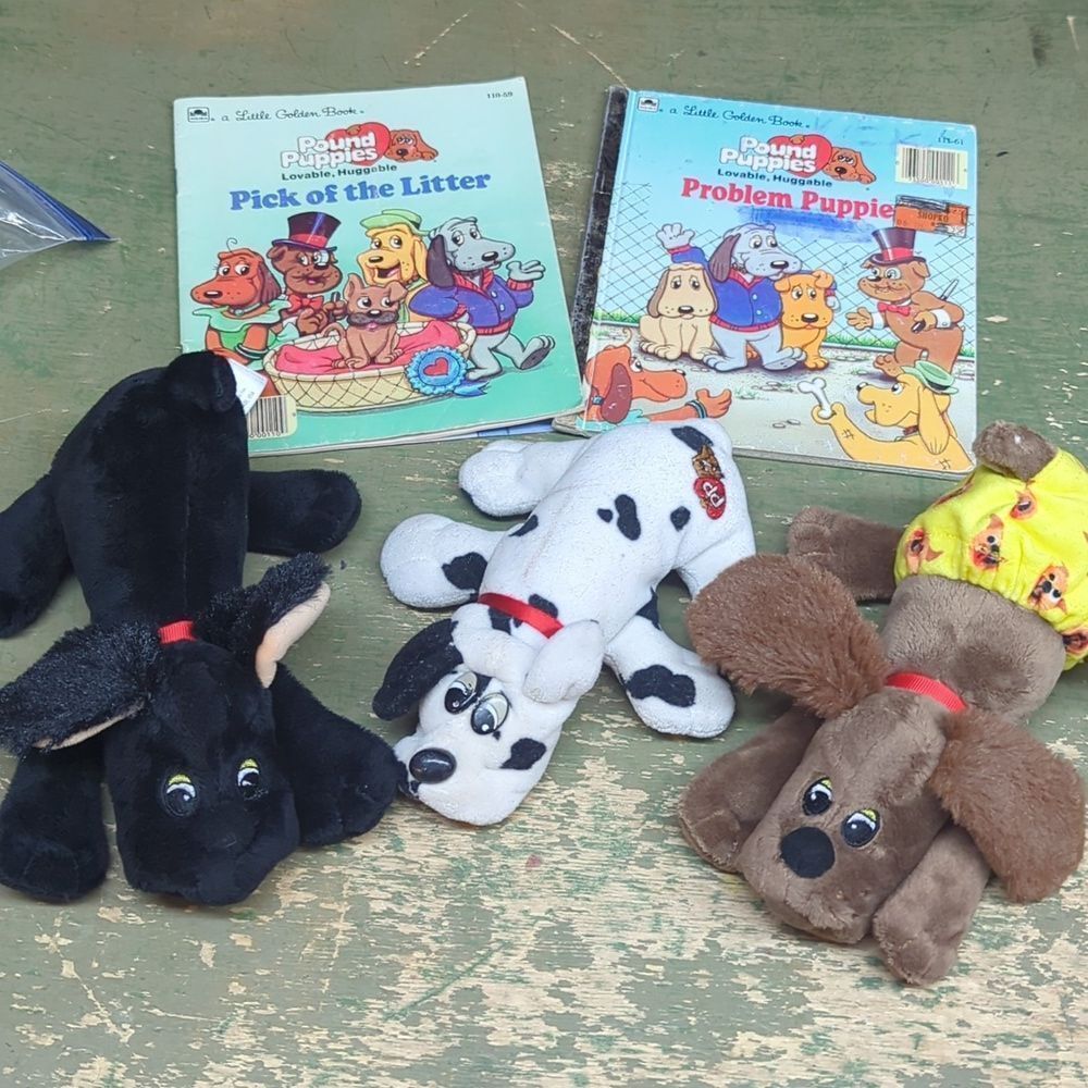 Pound Puppies Lot of 3, Brown long ear, Black Short Ear, dalmatian w/ books
